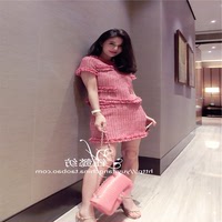 2016秋装新品刘钰懿同款金线短袖上衣A字型半身裙2件套装女玫红色