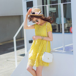 2016夏季热卖新款韩版女连衣裙通勤气质女黄色蕾丝显瘦大摆中长裙