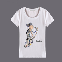 欧洲站2015春夏新款欧美时尚重工印花订珠水钻工手工短袖棉T恤女