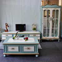 实木彩绘电视柜茶几酒柜组合玻璃柜宜家茶桌地柜美式电视机柜蓝色