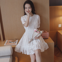 夏装新款韩版修身雪纺裙松紧腰白色连衣裙公主裙修身显瘦高端裙潮