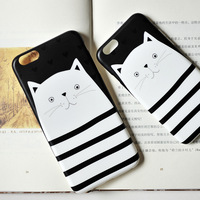 新品 条纹白猫iphone6/6P手机情侣壳 可爱文艺保护套 支架礼品