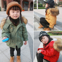 2015冬季新品潮范糖果色风衣毛茸茸帽加绒加厚上衣女童外套