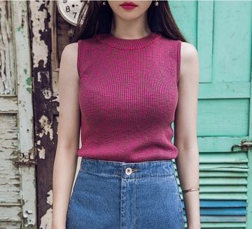韩国代购女装圆领修身无袖T恤2015秋装新款紧身休闲针织体恤上衣