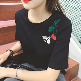 夏装新款韩版百搭宽松T恤时尚樱桃蜜蜂刺绣圆领套头短袖体恤潮