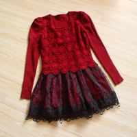 时尚秋装蕾丝蓬蓬欧根纱Lolita深红色圆领泡泡袖长袖针织短连衣裙