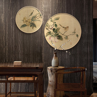 实木现代新中式风景画客厅装饰画实木圆形框挂画花鸟国画壁画静物