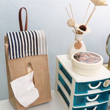 棉麻布艺纸巾盒车用创意餐巾纸收纳盒黄麻简约卫生间厕纸挂袋抽纸